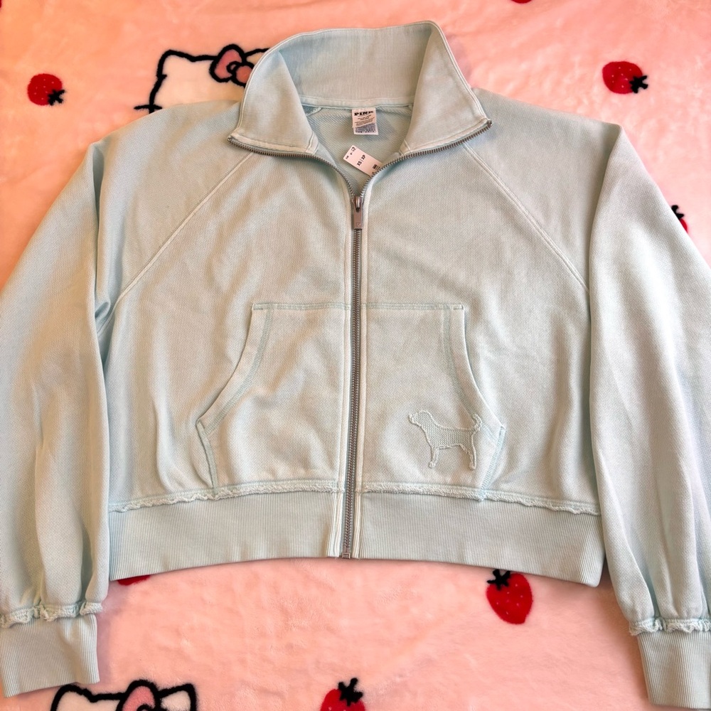 NWT PINK Victoria’s Secret Light Aqua Blue Cropped Full Zip Sweatshirt Size XS - Picture 4 of 10